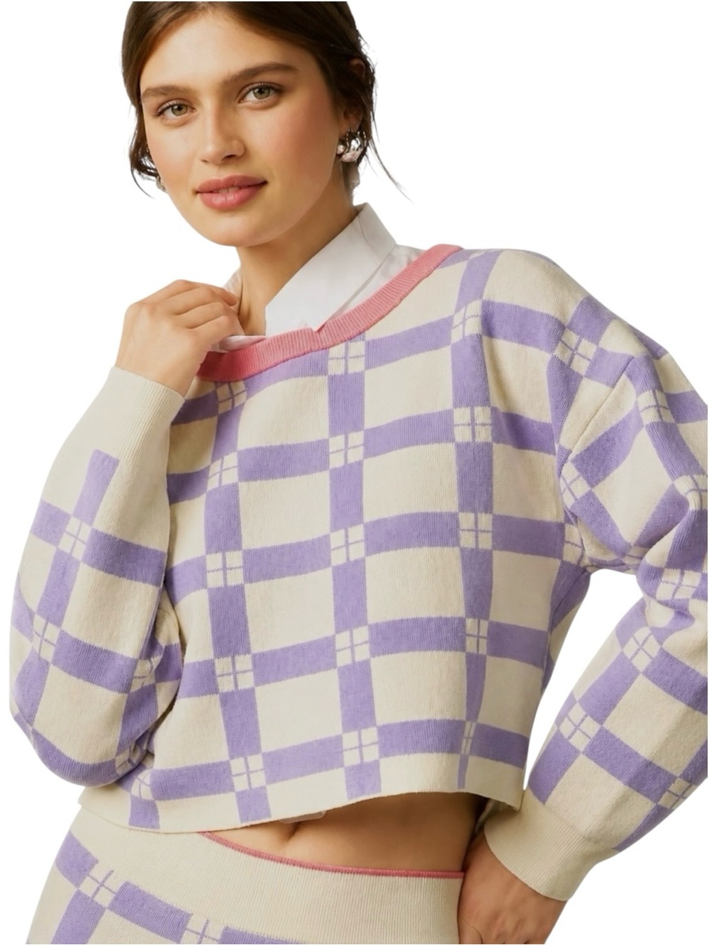 Anthropologie Daily Practice Plaid Cropped Sweater Purple Pink Cream M